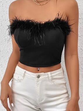 Feather Trim Black Strapless Crop Top